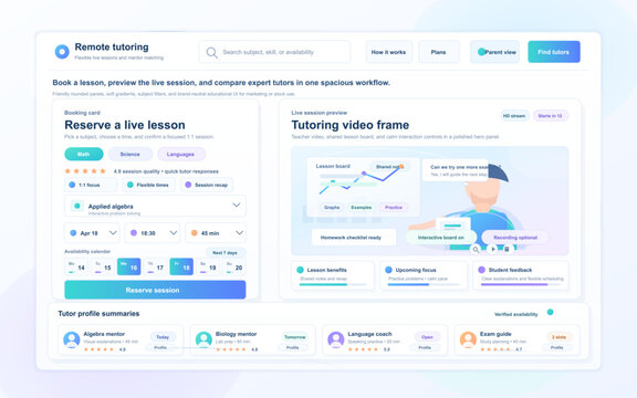 Remote tutoring platform dashboard with lesson booking panel, live session preview, tutor cards, and availability calendar in light UI