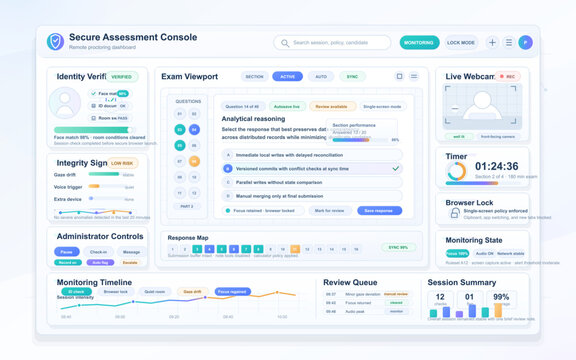 Secure online exam proctoring dashboard interface with identity verification, live webcam monitoring, timer, browser lock, and status panels