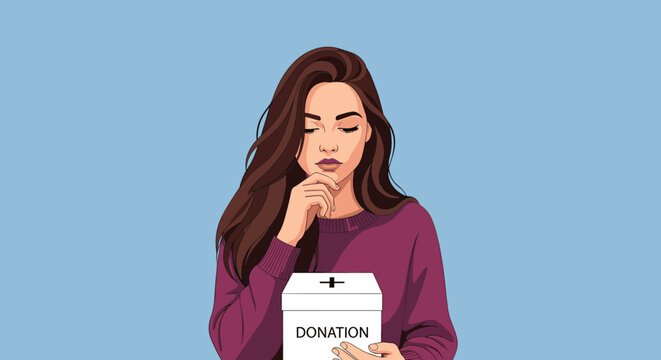 Compassionate young woman with long hair holding a white donation box, looking down in deep thought or reflection.
