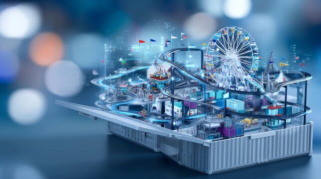 Model of an Amusement Park Inside a Shipping Container with Bright Colors