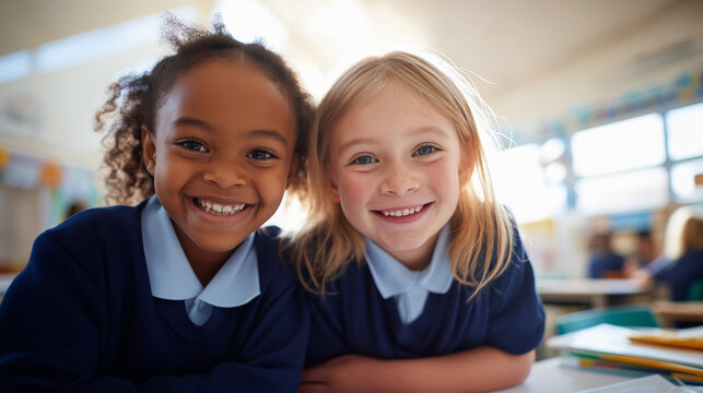 Celebrate diversity in education: two smiling young schoolgirls in navy uniforms sitting together in a bright classroom, for school marketing, childhood friendship themes, and inclusive learning