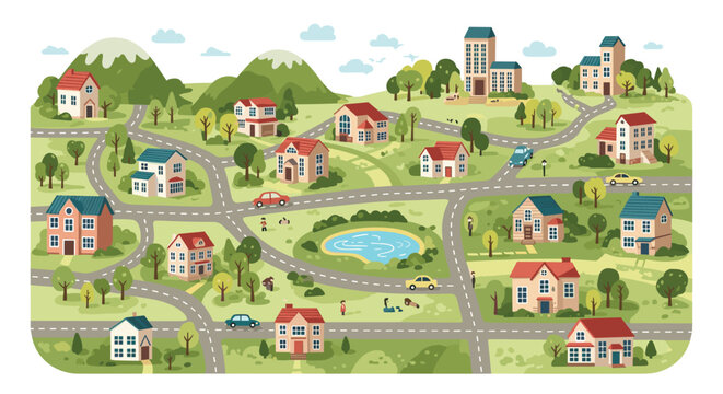 Detailed map illustration of a peaceful suburban town with various houses, winding roads, green trees, a lake, and mountains.