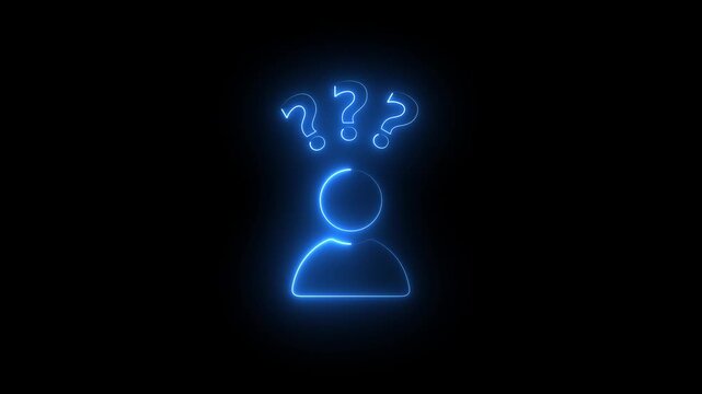 Glowing blue neon animation of a person icon with a question mark speech bubble on a dark background, inquiry, help, support, FAQ, or questions 4k
