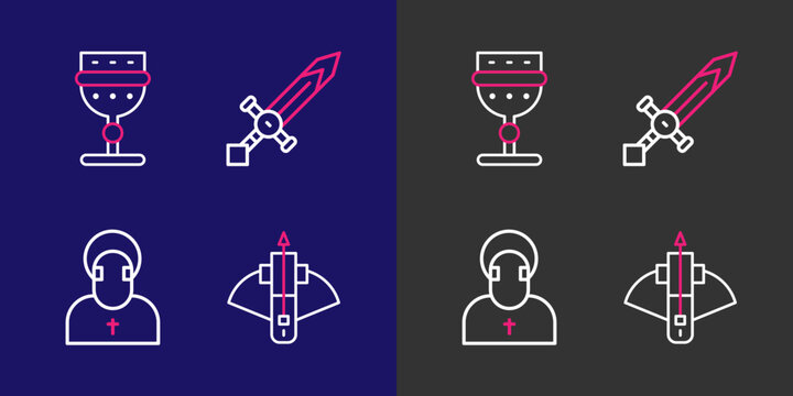 Set line Battle crossbow with arrow, Monk, Medieval sword and goblet icon. Vector