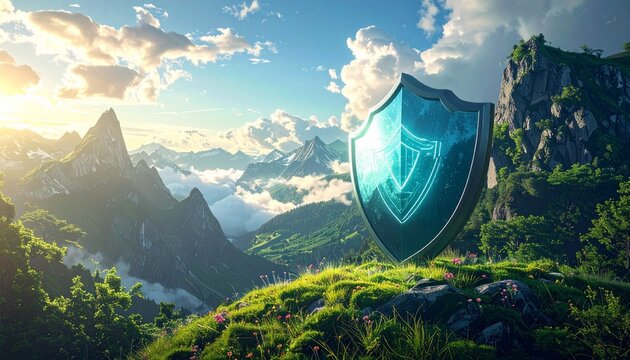 Guardian Shield Over Majestic Mountain Landscape - A Symbol of Protection and Security.