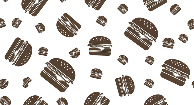Seamless pattern with brown burger icons of different sizes and rotations on a plain background
