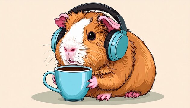 Guinea Pig with Headphones Enjoying Coffee - A Whimsical Illustration.