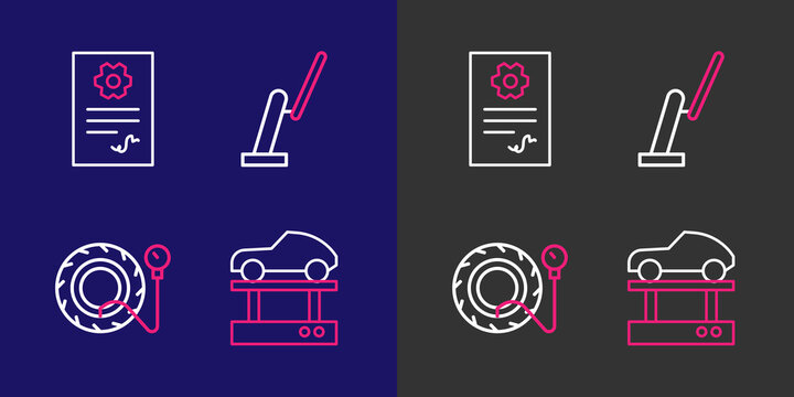 Set line Repair car on a lift, Tire pressure gauge, Windscreen wiper and Auto service check automotive icon. Vector