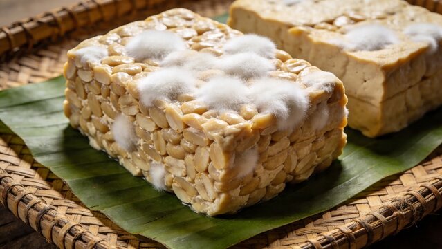Traditional Indonesian tempeh fermented soybean cake on a banana leaf in a woven tray.
