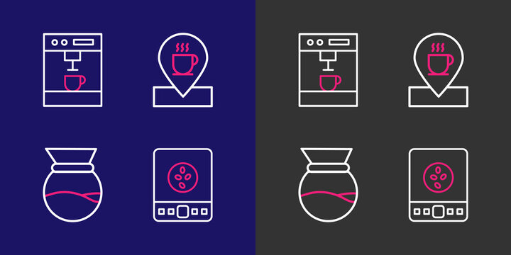 Set line Electronic coffee scales, Pour over maker, Location with cup and Coffee machine icon. Vector