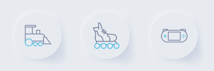 Set line Portable video game console, Roller skate and Toy train icon. Vector © Kostiantyn