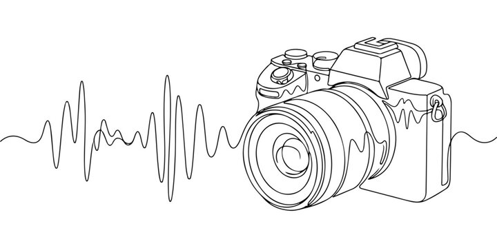 A continuous line drawing depicts a classic dslr camera and sound waves