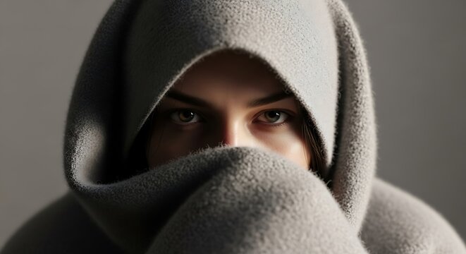 Mysterious Woman Hiding Face in Cozy Blanket.
