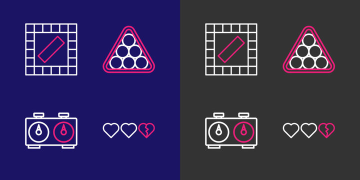 Set line Hearts for game, Time chess clock, Billiard balls in triangle and Board icon. Vector