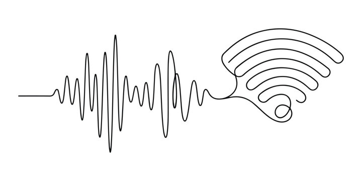A continuous line drawing depicts a sound wave merging into a wifi symbol