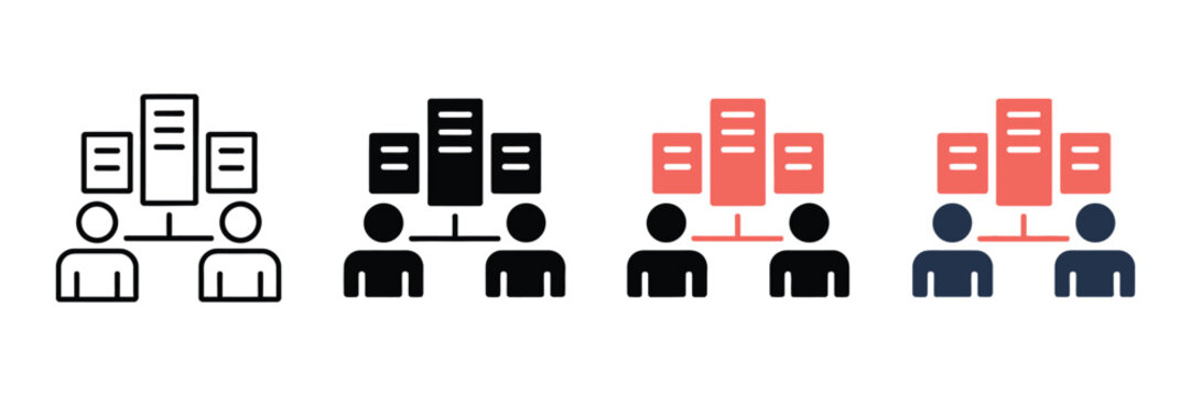 Vector graphic illustration showing four stylized server storage icons featuring abstract human figures and data management symbols for modern computing and network technology