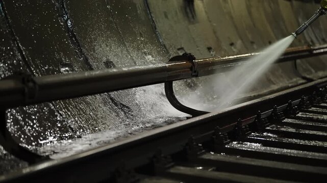 High-pressure water jet cleaning along underground rail tracks, blasting grime from tunnel wall and utility pipe during maintenance, leaving wet surfaces and glistening steel.