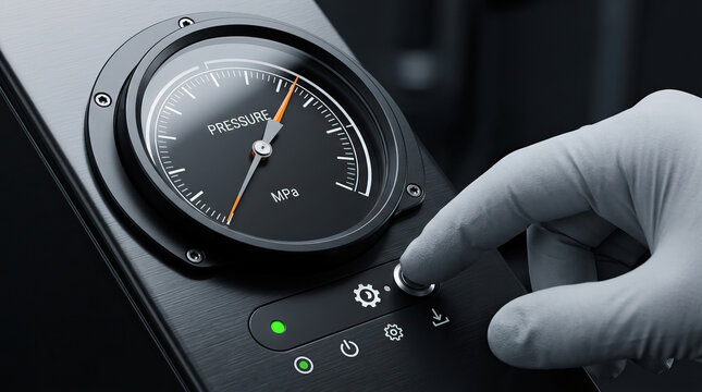 Pressure gauge with black dial and white markings showing pressure in MPa, hand in white glove pressing metallic button on control panel with indicator lights, industrial setting