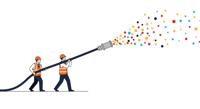 Two construction workers holding a large cable, spraying colorful data particles, symbolizing network connection and data transfer.