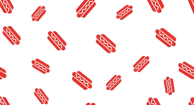 Seamless pattern featuring red hot dog icons with wavy mustard for food themes
