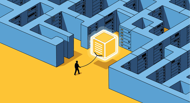 Man navigating a complex data center maze, pulling a glowing server rack, symbolizing data migration, IT infrastructure challenges, and digital transformation.