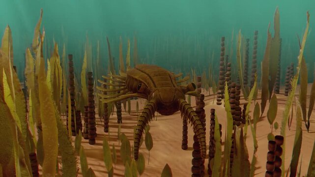 4k 3d animation of  the Cambrian predator, Anomalocaris regalis, swimming gracefully through the deep blue, particle-filled waters of a prehistoric ocean.