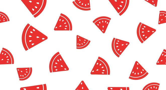 Seamless pattern of red watermelon slices with seeds scattered across the surface.