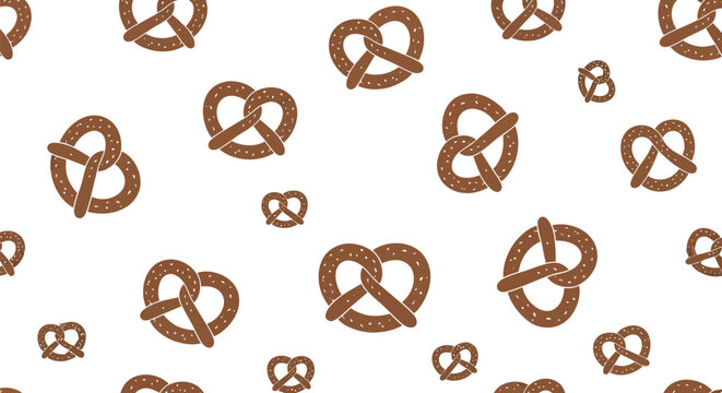 Seamless pattern of delicious brown pretzels scattered across a clean white surface