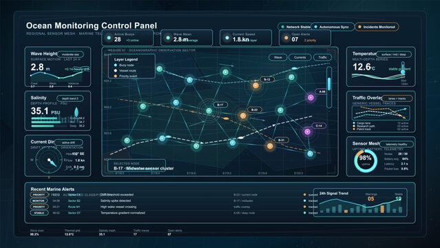 Dark ocean monitoring control panel dashboard with marine sensor network map, wave, salinity, temperature, traffic and alert data widgets