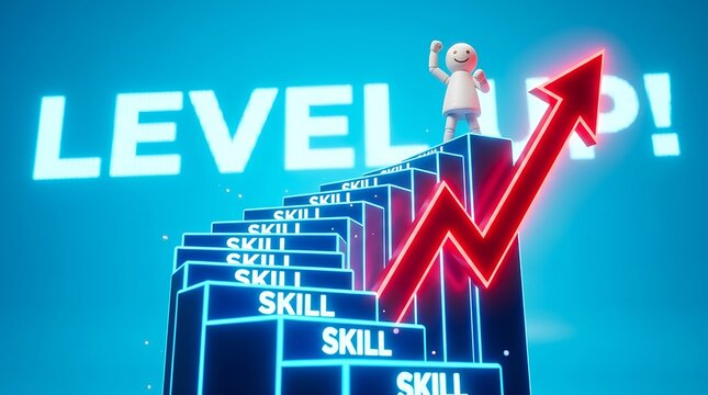 Businessman reaching top of skill level up career ladder with rising arrow