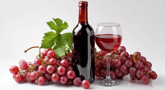 A bottle of red wine, a full glass, and bunches of ripe red grapes