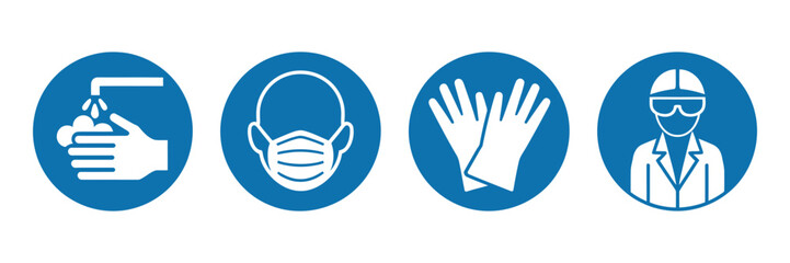 Fototapeta premium Sanitize your hands, safety mask fitting, sterile gloves and doctor coat must be worn sign, surgery instruction icons set, medical hygiene and operating room safety symbols, clean vector illustration