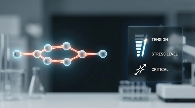 Molecule cluster with glowing bonds and stress level indicators in laboratory setting showing tension and critical stress, conveying scientific analysis and emotional strain