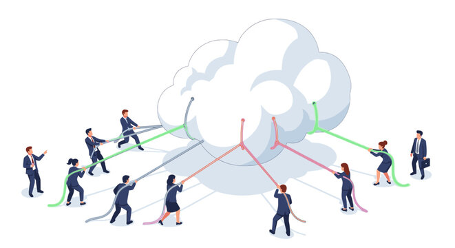 Diverse business people pulling ropes connected to a cloud, symbolizing teamwork, collaboration, and cloud computing services.