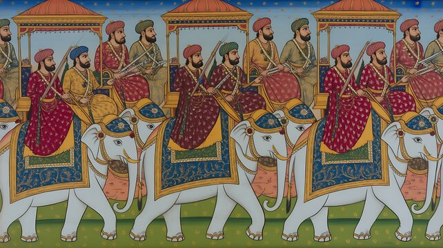 Mughal emperor riding an adorned elephant in a procession, painted on a wall. Indian miniature painting from Udaipur.
