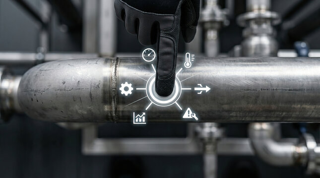 Industrial pipe control interface with gloved finger tapping, showing temperature, speed, and warning icons, symbolizing advanced technology and safety in manufacturing environment