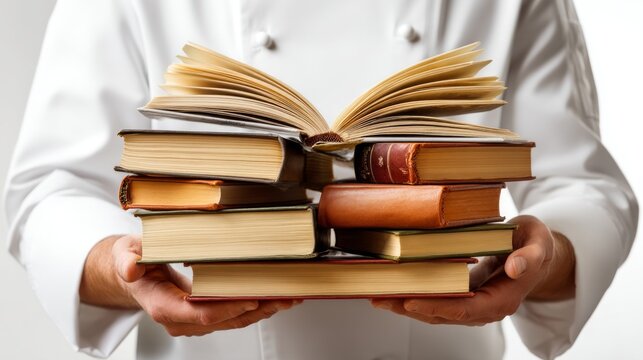 Chef Carefully Arranging Multiple Hardcover Cookbooks in Fanlike Display