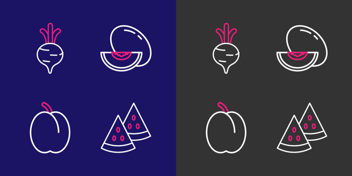 Set line Watermelon, Plum fruit, Melon and Beet icon. Vector