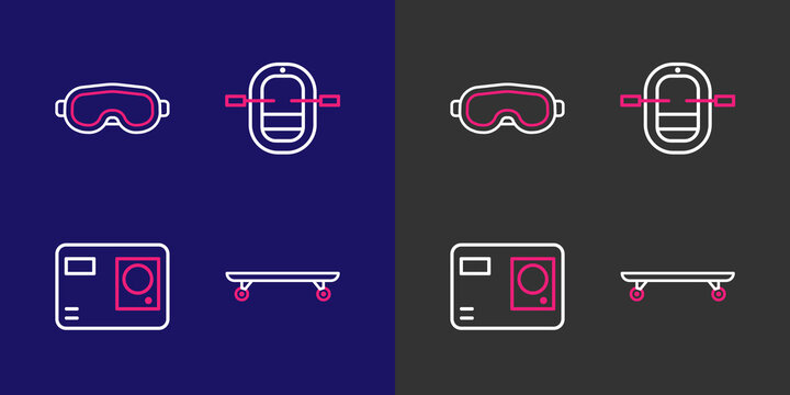 Set line Longboard or skateboard, Action extreme camera, Rafting boat and Ski goggles icon. Vector