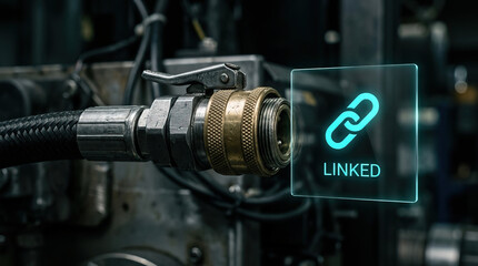 Fototapeta premium Industrial hose connector close up with metal fitting and digital linked icon, technology concept for connection and network in factory environment