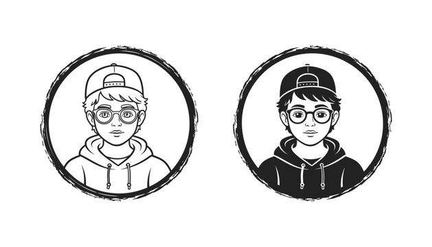 Young boy wearing backwards cap and glasses avatar icon in circular frame style for profile pictures and social media user representation in line art and solid black silhouette on white