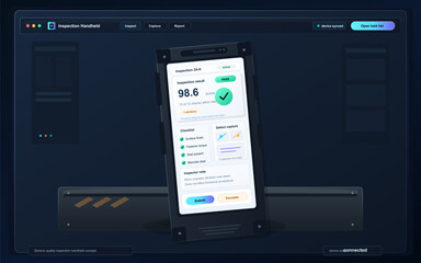Dark industrial inspection app interface with rugged handheld device, quality control checklist, pass result and defect capture workflow panels © Антон Сальников