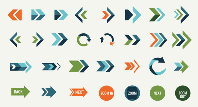 Diverse Collection of Directional Arrow Icons and Navigation Buttons, Isolated White Background