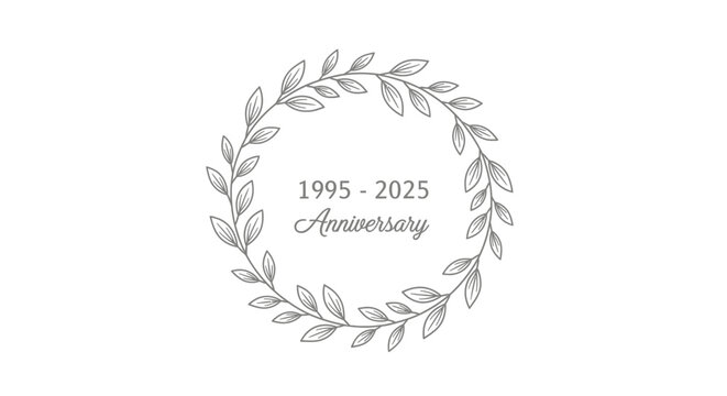 Stylized anniversary wreath with "1995 - 2025 Anniversary" text, isolated white background.