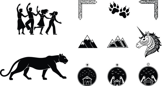 Silhouette vector set, dancing people, panther animal, unicorn head, mountain icons, decorative corners, paw prints, nature and fantasy illustration collection
