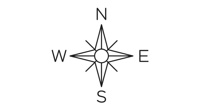 Stylized Compass Rose Diagram with North East West South Pointers, Navigational Art, Isolated White Background