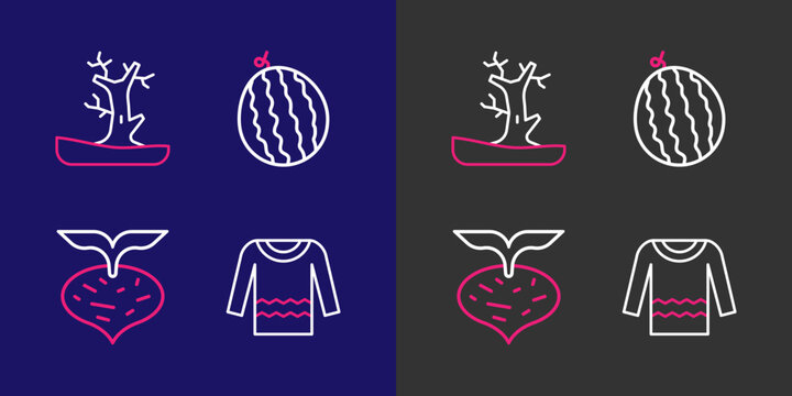 Set line Sweater, Beet, Watermelon and Bare tree icon. Vector