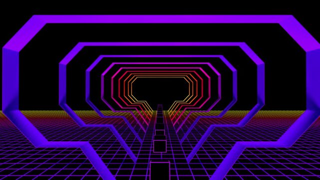 Retrowave Neon Tunnel with Glowing Magenta Geometric Arches and Grid Floor