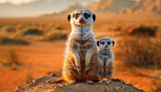 Golden Hour Alertness of a Desert Meerkat Family