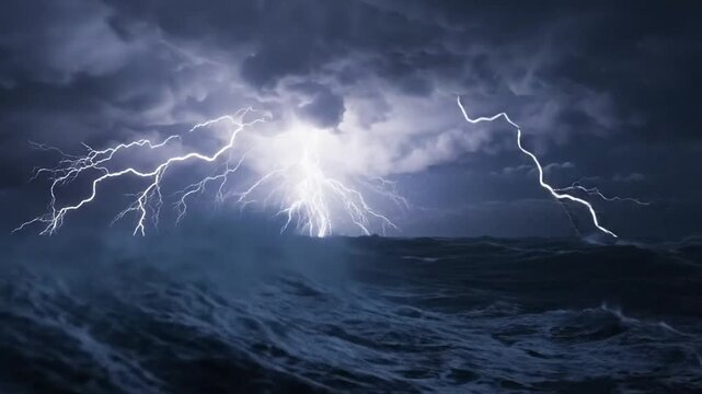 Powerful lightning bolts strike a stormy dark ocean during a night tempest with rough waves